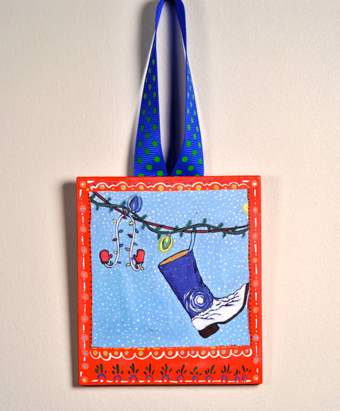 Festive Boots Ornament (hand painted/wood) and Card Combination