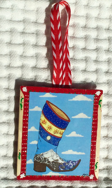 Cowboy Boot Ornament (hand painted/wood) and Card Combination (Lone Boot)