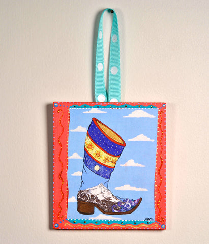 Cowboy Boot Ornament (hand painted/wood) and Card Combination (Lone Boot)