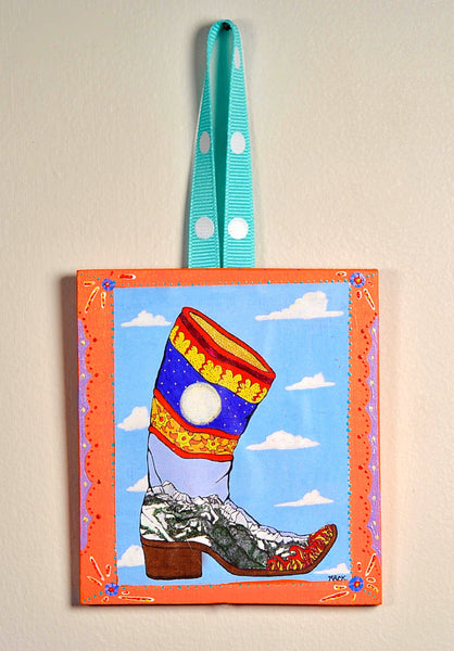 Cowboy Boot Ornament (hand painted/wood) and Card Combination (Spanish Boot)