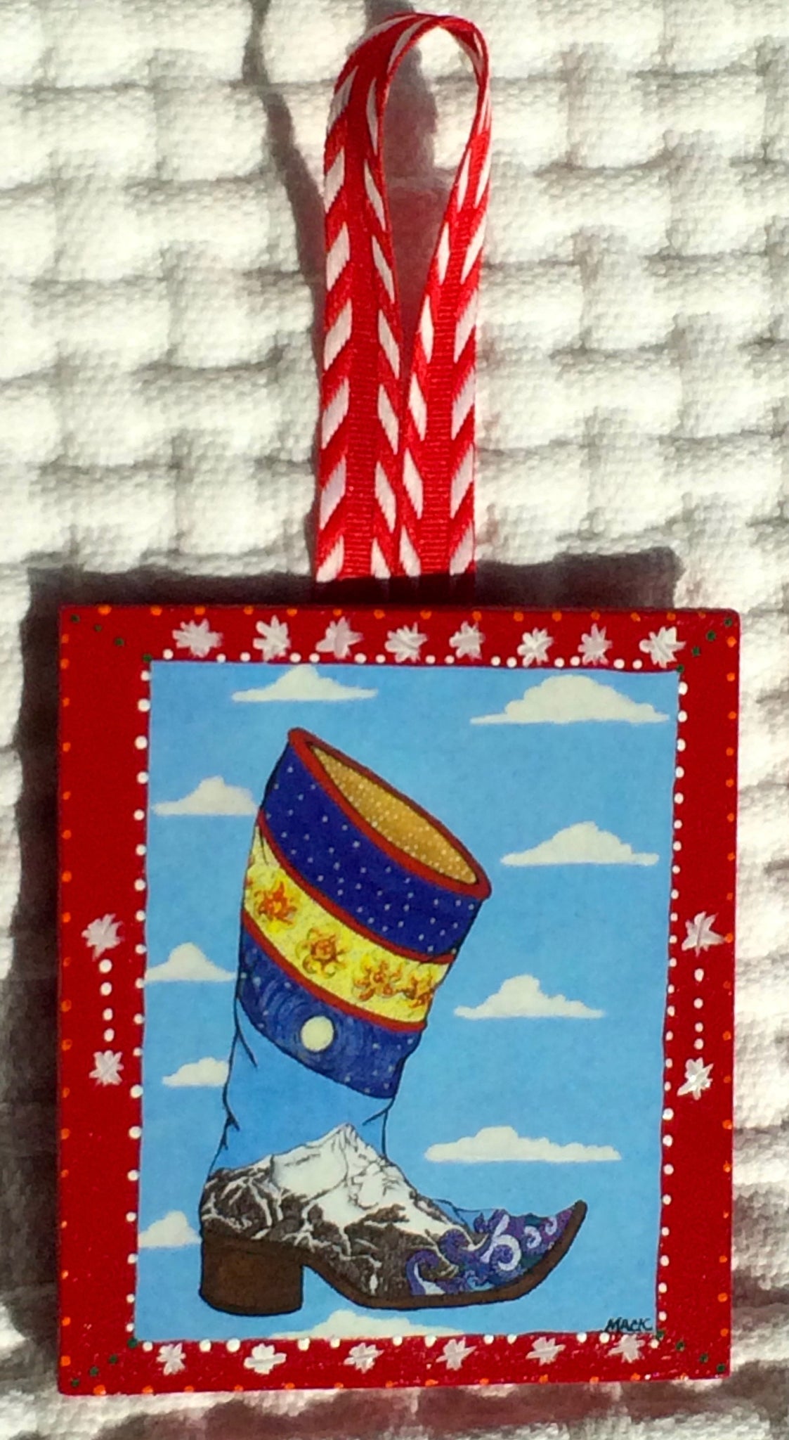 Cowboy Boot Ornament (hand painted/wood) and Card Combination (Lone Boot)