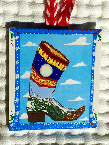 Cowboy Boot Ornament (hand painted/wood) and Card Combination (Spanish Boot)