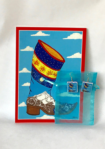 Cowboy Boot Earrings Sterling/Wood and Card Combination (Lone Boot)