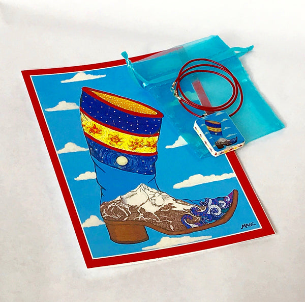 Cowboy Boot Necklace "Lone Boot" (Sterling silver/red leather) and Card Combination